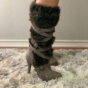 High heel faux fur & faux leather boots